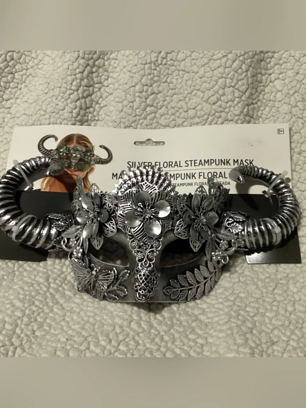 Horned Gothic Mask Masquerade Silver-Tone Filigree Floral Butterfly Steampunk